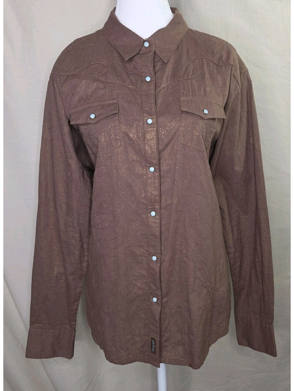 Wrangler Western Shirt XXL Brown Gold Shimmer Floral Turquoise Snaps